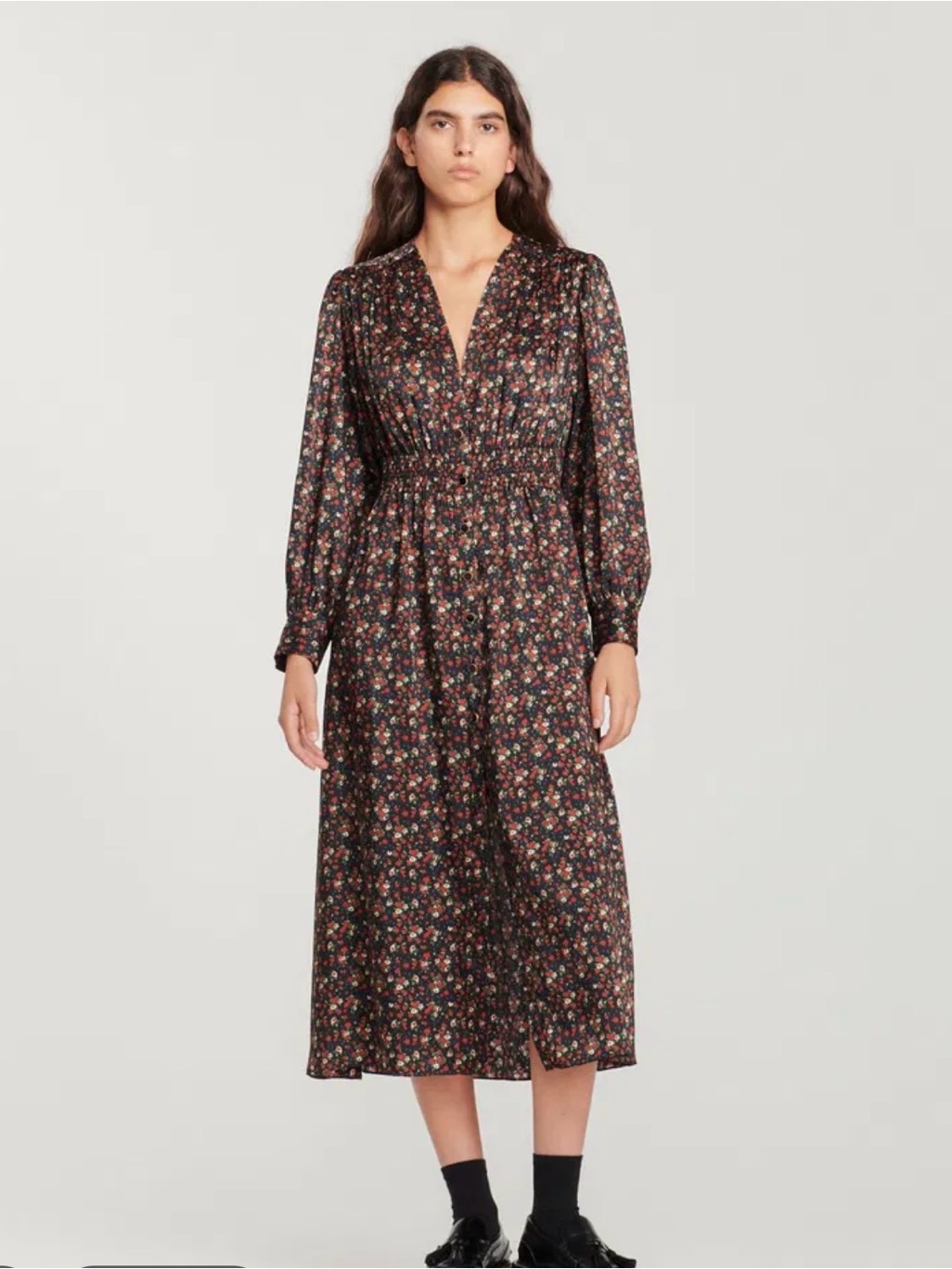 Sandro Black Floral Midi Dress With Multicolor Print 36